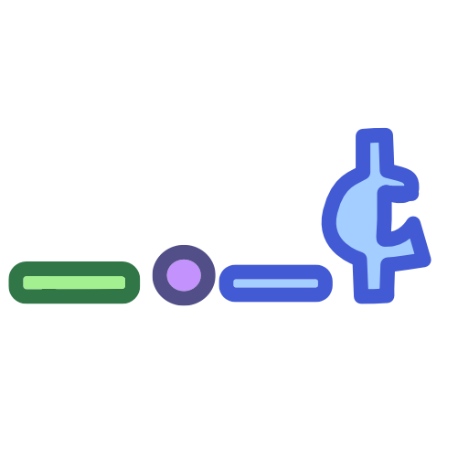 A tall blue shape reminiscent of a cents symbol has a series of shapes to its left positioned at its base. These shapes, from left to right, are a green dash representing the 1’s place, and a blue dash representing the 10ths place. There is a purple dot separating the 1’s and the 10ths. The cents symbol sits in the 100ths place. The image has dark line art